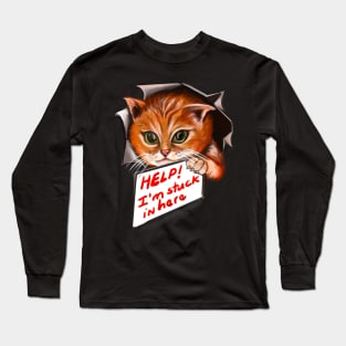 cute stowaway kitten playing peekaboo from a rip torn hole with sign saying help! For those who love Cute cats Long Sleeve T-Shirt